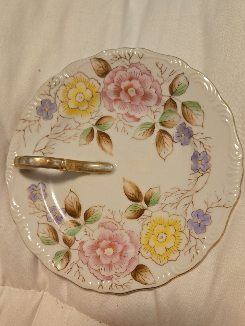 Porcelain Floral Serving Plate with Gold Accent Handle - Pink, Yellow, Lavender